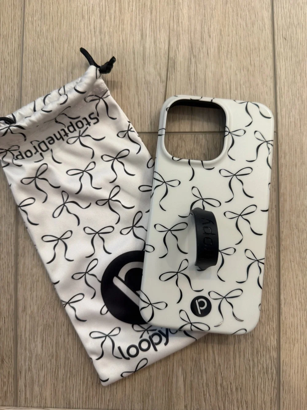 Loopy iPhone 13 Pro Black & White Bow Pattern Phone Case with Matching Pouch